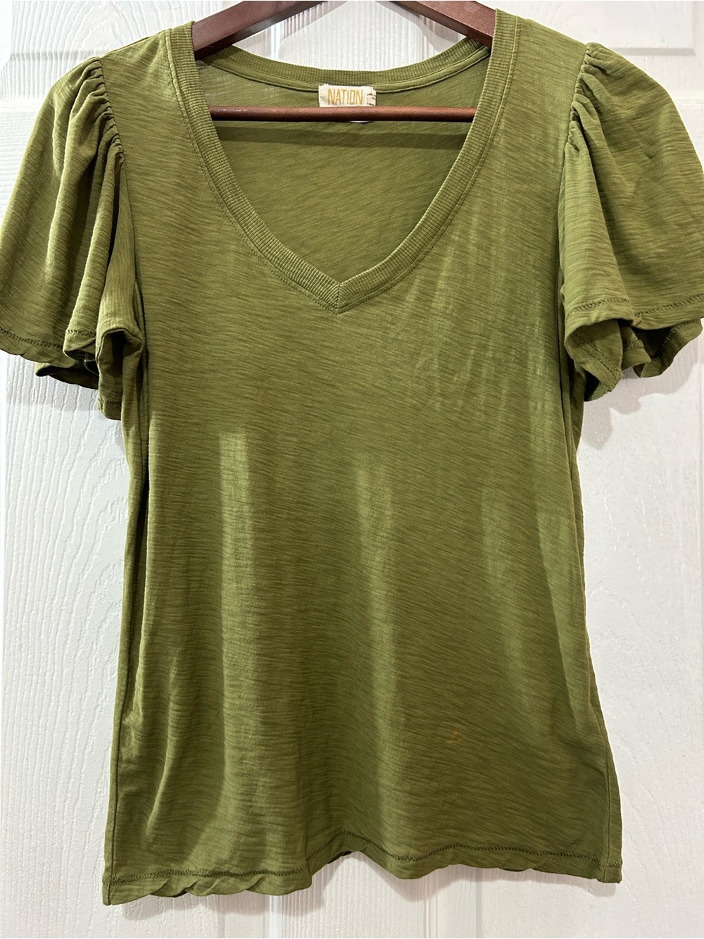 NATION LTD Olive Green Puff Sleeve V-Neck Tee Pima Cotton Sz Small